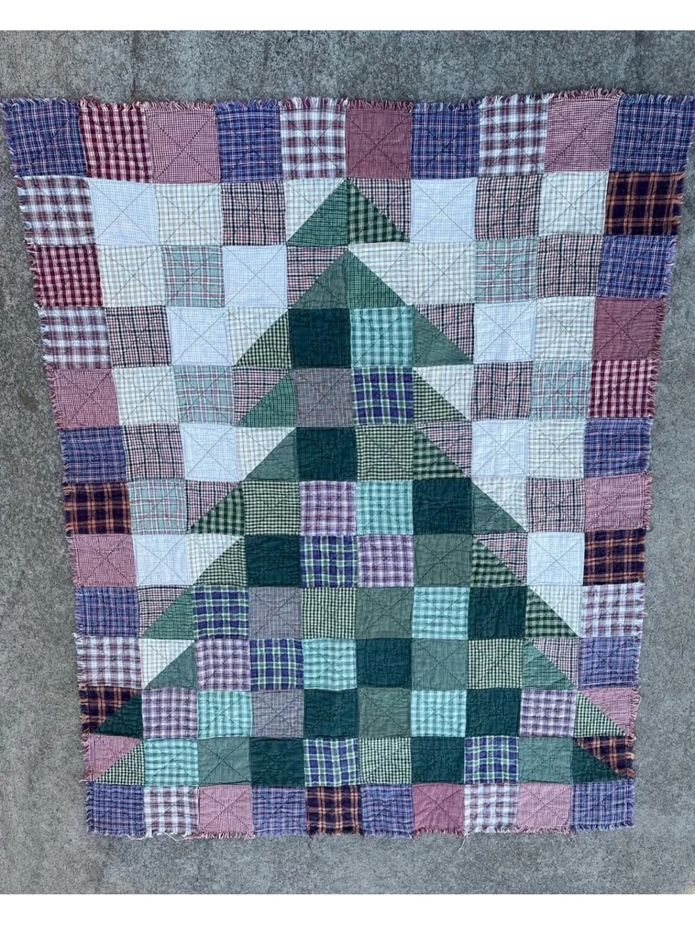 Handmade Cotton Rag Quilt Christmas Tree Patchwork Plaid Throw Blanket Country